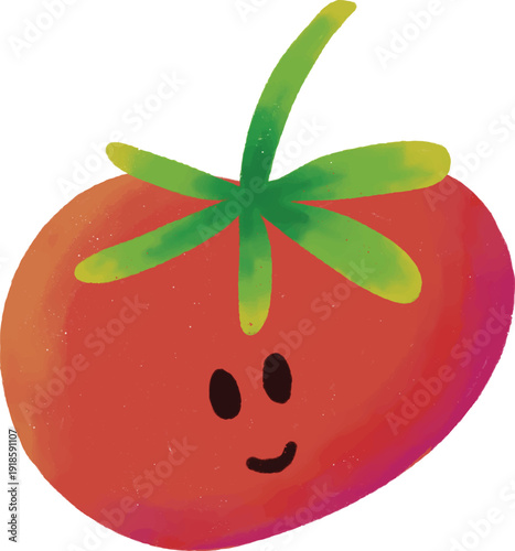 Cute hand drawn red tomato character with smiling face, digital art illustration in grainy texture style