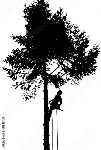Black silhouette lumberjack workers cutting trees, multiple poses set, chainsaw and axe, isolated white background, vector illustration