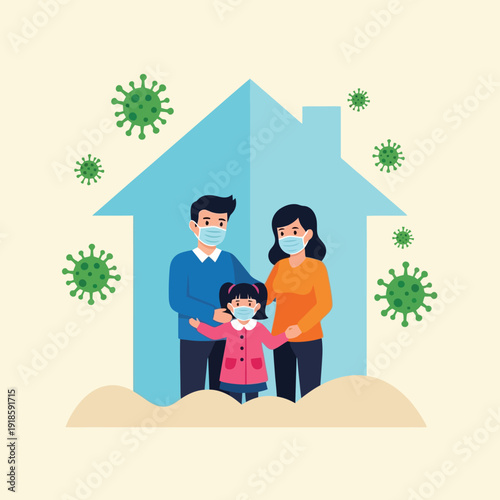 Family Stay Safe At Home Wearing Masks