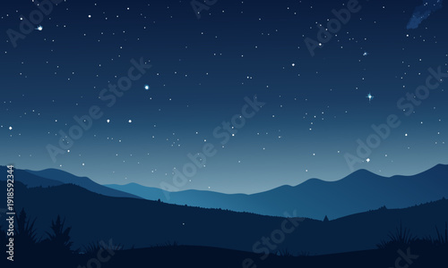夜空と山のシルエット背景。星空、夕暮れ、幻想的な風景のベクターイラスト。