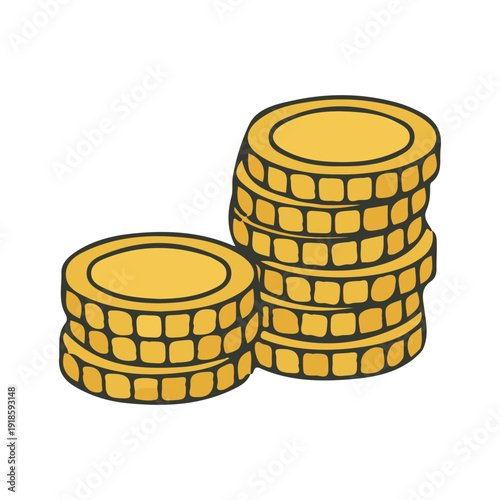 Cartoon style illustration of stacked gold coins symbolizing savings, wealth, investment, and financial growth. Isolated on light background.