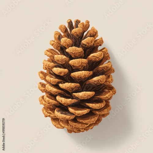 Detailed illustration of a single, textured brown pinecone on a soft, neutral background
