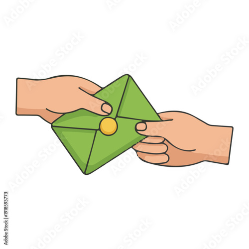 Vector illustration of hands giving an envelope symbolizing zakat, charity, and generosity during Ramadan and Eid.