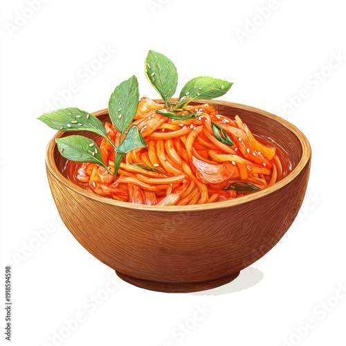 Vibrant bowl of spicy noodles, garnished with fresh green leaves