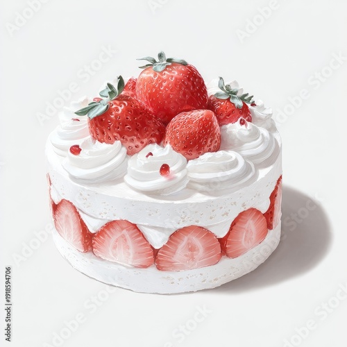A delightful round cake adorned with fresh strawberries and whipped cream