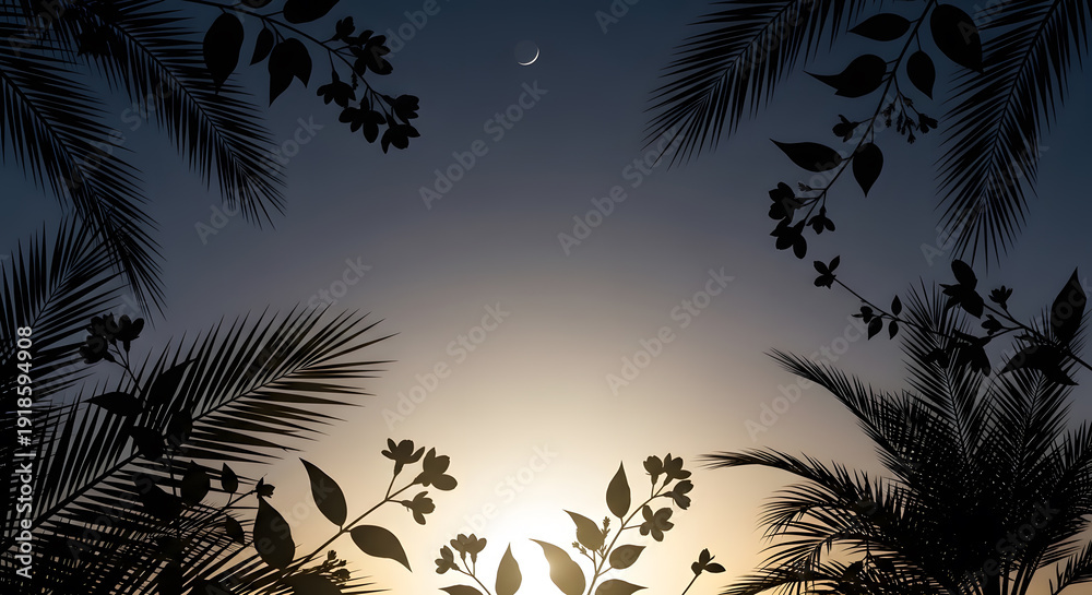 Fototapeta premium Silhouetted tropical foliage and flowers against a bright sunrise sky with a faint crescent moon