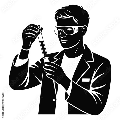 Scientist silhouette holding test tube and beaker analyzing liquid sample wearing protective goggles in laboratory
