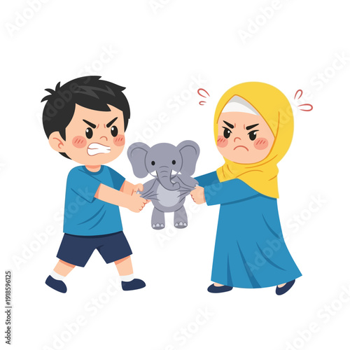 Angry children fighting over a plush elephant toy