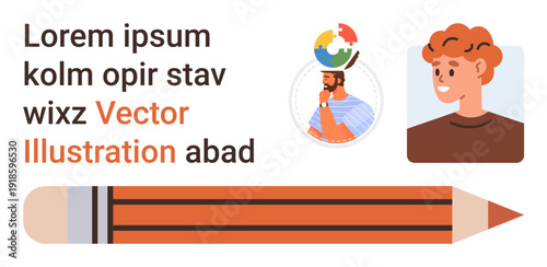 Education, creativity, content creation, learning tools, visual media, design resources. Image shows a pencil, a male portrait and text placeholders. Education and creativity theme for various uses