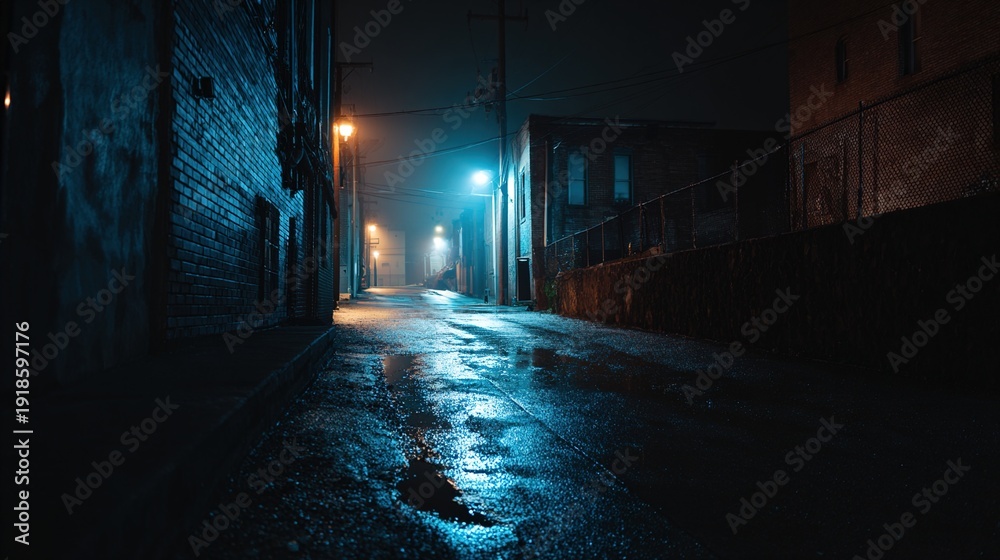 Fototapeta premium alleyway. Moody urban alleyway with wet pavement reflecting neon lights in atmospheric fog. travel magazines, destination branding, designed for travel destination branding.