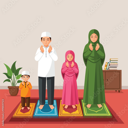 Muslim Family Praying Together at Home