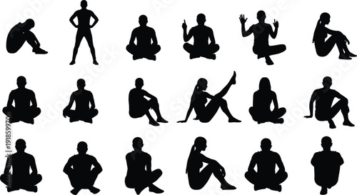 Black silhouettes of people in various sitting, resting, and relaxed poses, including cross-legged and yoga positions, isolated on white background, vector.