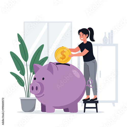 Young Woman Saving Money In Giant Piggy Bank Illustration