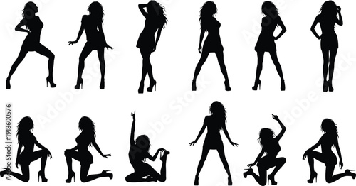 Collection of black silhouettes featuring fashion models in high heels and energetic men dancing, jumping, and performing athletic poses, vector.