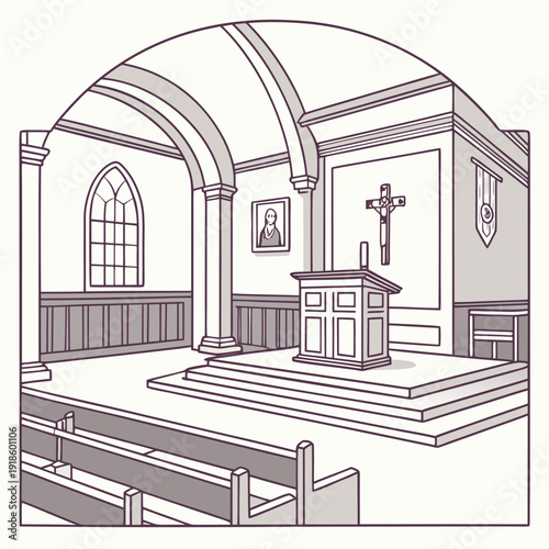 Church Interior for Christian Worship Service Flat Vector Design Illustration