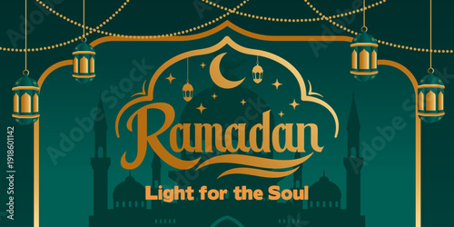 Ramadan Kareem Green and Gold with Mosque Illustration