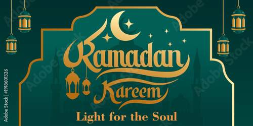 Ramadan Kareem Green and Gold with Mosque Illustration