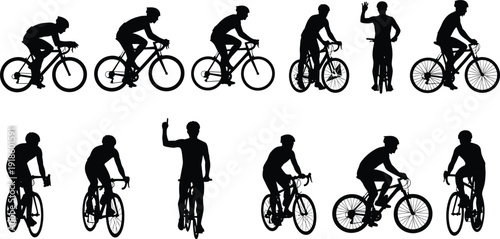 Collection of professional cyclist silhouettes riding road and mountain bikes in various action poses isolated on white background for sports design