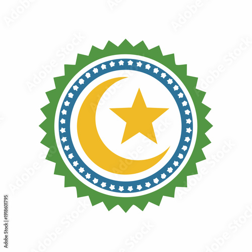 Islamic emblem with crescent moon and star in circular badge.
