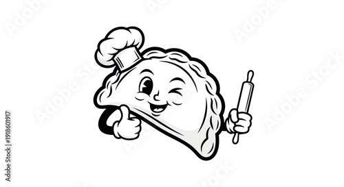 Funny Dumpling Chef Character Winking and Giving Thumbs Up with Rolling Pin
