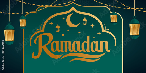 Ramadan Kareem Green and Gold with Mosque Illustration