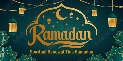 Ramadan Kareem Green and Gold with Mosque Illustration