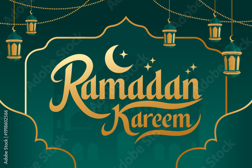 Ramadan Kareem Green and Gold with Mosque Illustration