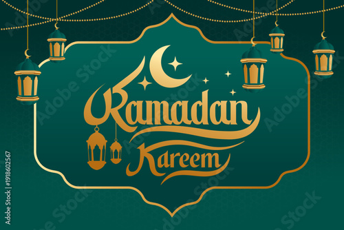 Ramadan Kareem Green and Gold with Mosque Illustration