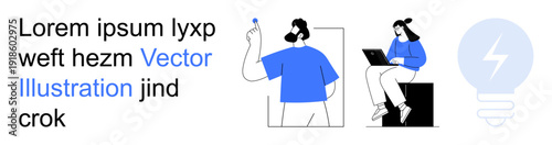 Teamwork, idea sharing, brainstorming, content creation, creative workflow, digital collaboration. Man holding a pen, woman using a laptop blue light bulb icon. Teamwork and idea sharing concept