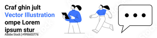 Communication, teamwork, technology, social interaction, business tools, collaboration. Two people, one holding a tablet another walking with speech bubble. Communication and technology concept