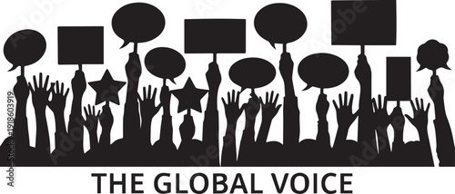 Silhouette of Diverse People Raising Hands and Speech Bubbles for Global Voice, Protest, and Communication Concept