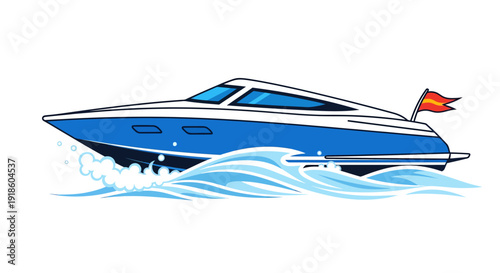 Sleek blue motor yacht speeding through ocean waves with a flag