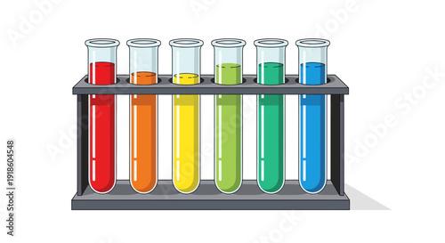Six colorful liquid-filled test tubes in a rack
