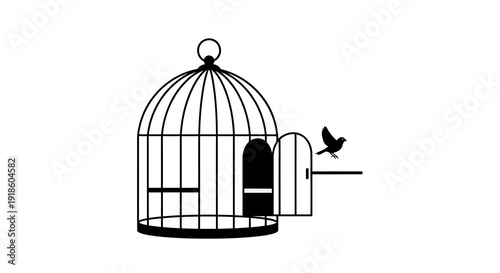 Silhouette of Birdcage with Open Door and Bird Taking Flight