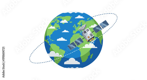 Satellite Orbiting Earth with Solar Panels and Antenna