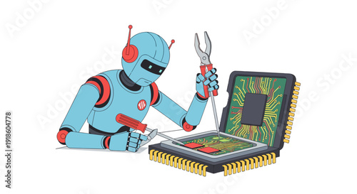 Robot Repairing Computer Chip with Tools Illustration