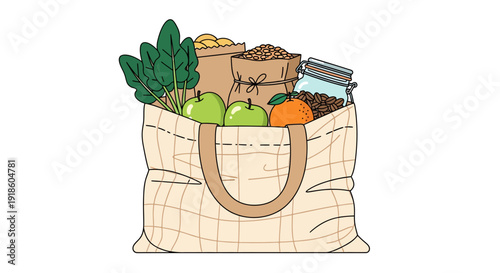 Reusable grocery tote bag filled with fresh fruits, vegetables, and bulk food items.