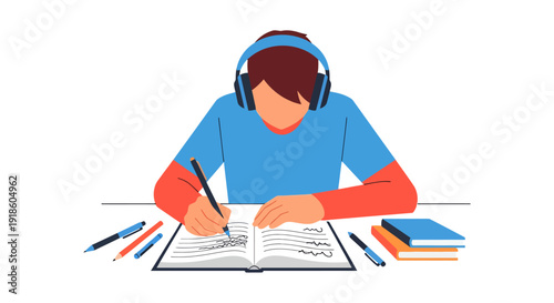 Person wearing headphones studying and writing in a book