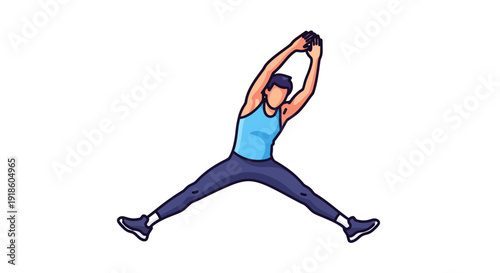 Person Stretching with Arms Raised and Legs Spread Wide, Wearing Athletic Apparel