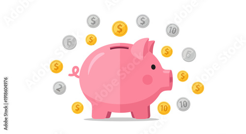Pink Piggy Bank with Coins Illustration