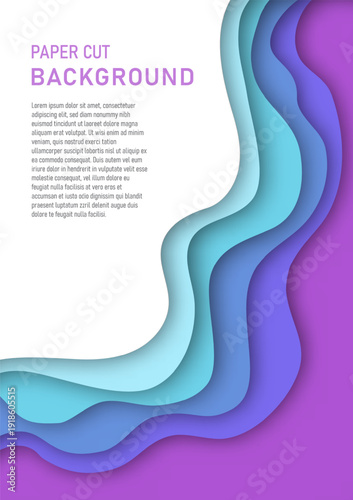 Abstract background with vertically cut paper, curved wavy green and blue layers overlapping deeply to the right. White top left area for text placement. Design suitable for brochures, book covers.