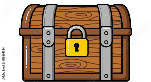 Locked Wooden Treasure Chest with Yellow Padlock, Vector Illustration