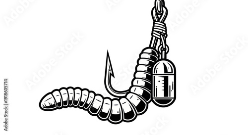 Fishing hook with worm and weight, bait for catching fish, close-up illustration