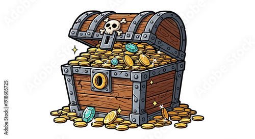 Open Treasure Chest Full of Gold Coins and Gems, Pirate Symbol