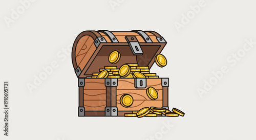 Open Treasure Chest Overflowing with Gold Coins, Cartoon Style