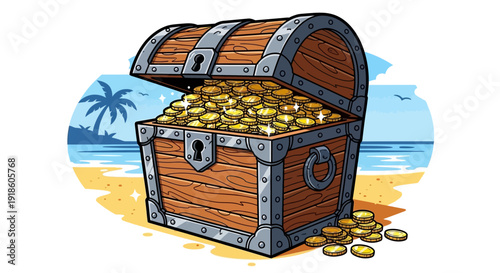Treasure Chest Full of Gold Coins on a Tropical Beach