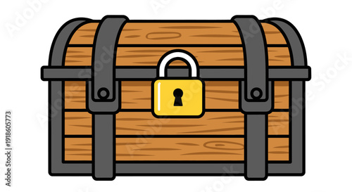 Locked Wooden Treasure Chest with Padlock, Vector Illustration