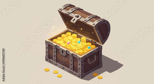 Treasure Chest Filled With Gold Coins, Jewels and Sparkles - Isometric View