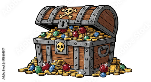 Treasure Chest Overflowing with Gold Coins and Jewels, Pirate Skull Symbol