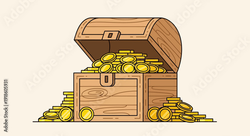 Open Treasure Chest Overflowing with Gold Coins, Wealth and Riches